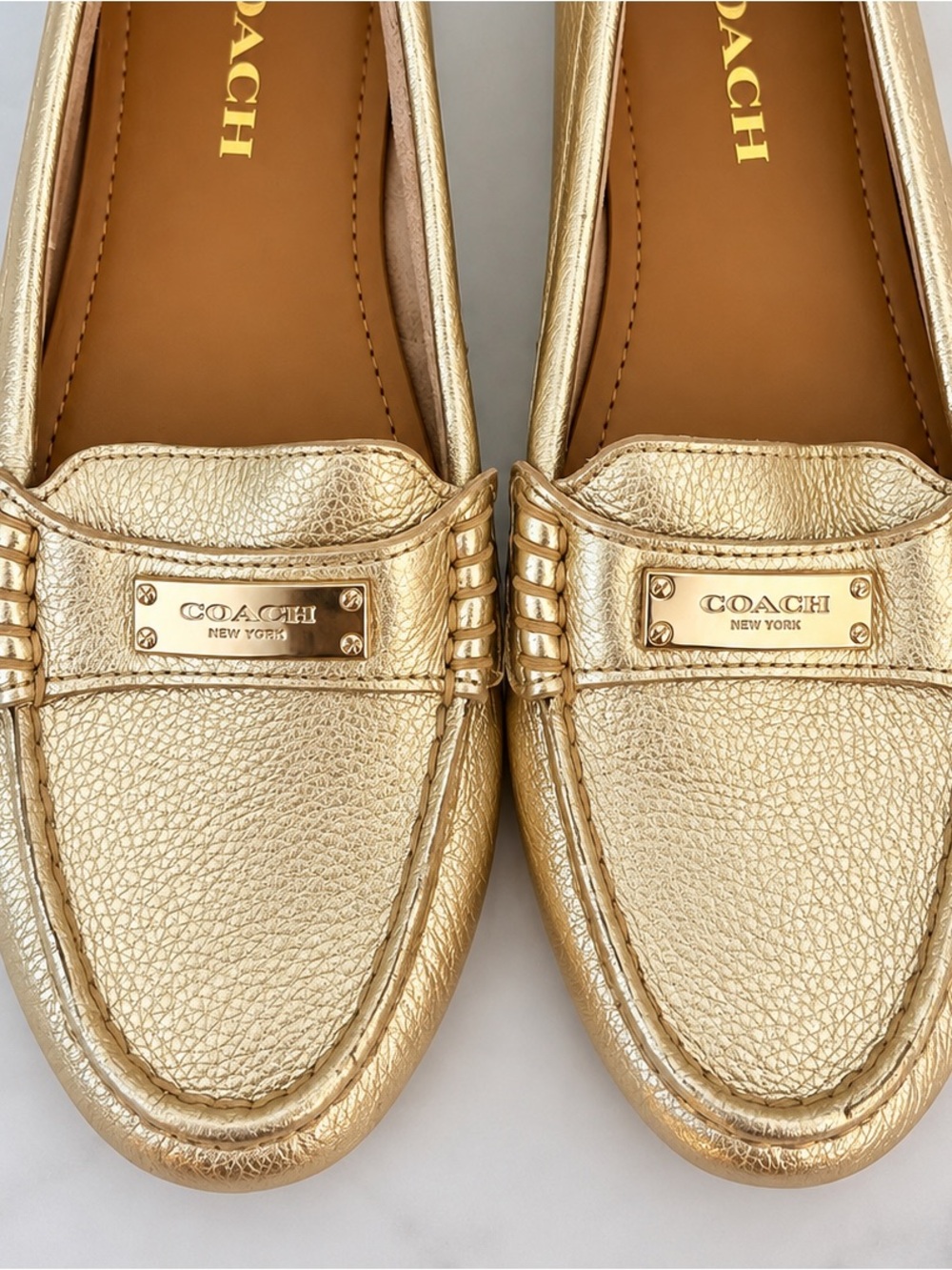 Coach Marley Driver Loafers Women 6.5 Metallic Gold Leather Moccasin Flats